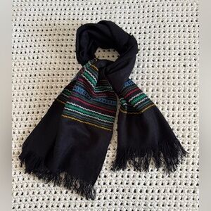 Black Multi Colored Woven Folk Fringed Scarf/Table Runner Ethnic Tribal